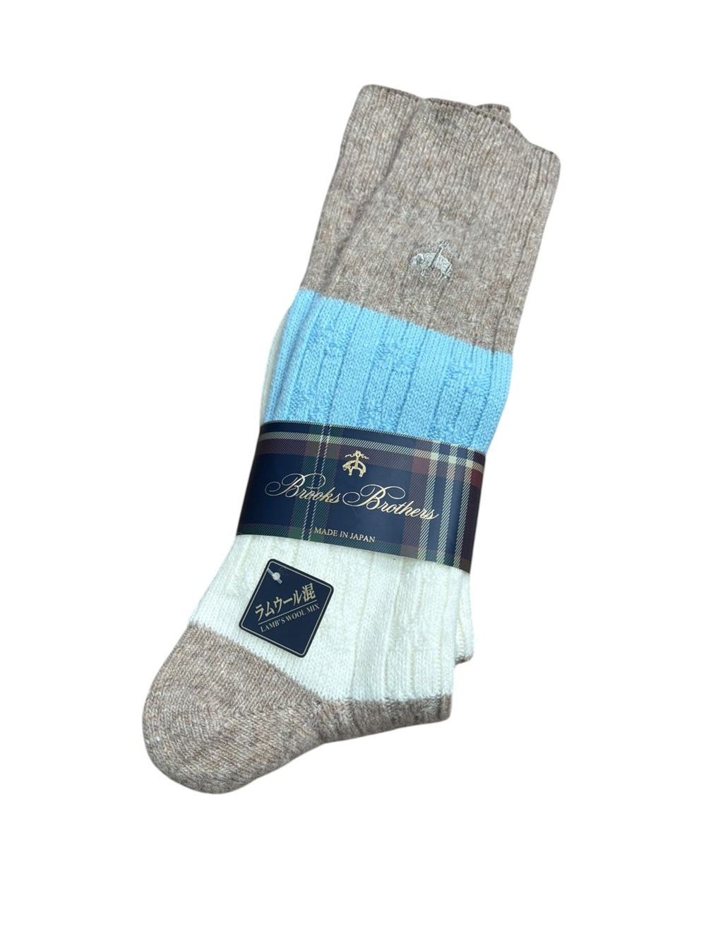 NEW- Brooks Brothers Men's Lamb's Wool Colorblock Crew Socks Blue Ivory Beige